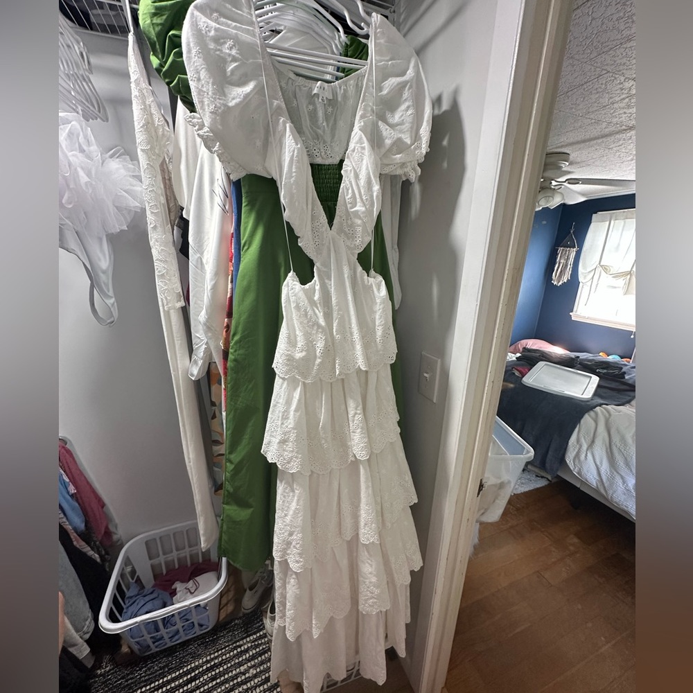 White Long Ruffle Dress with Cut Outs